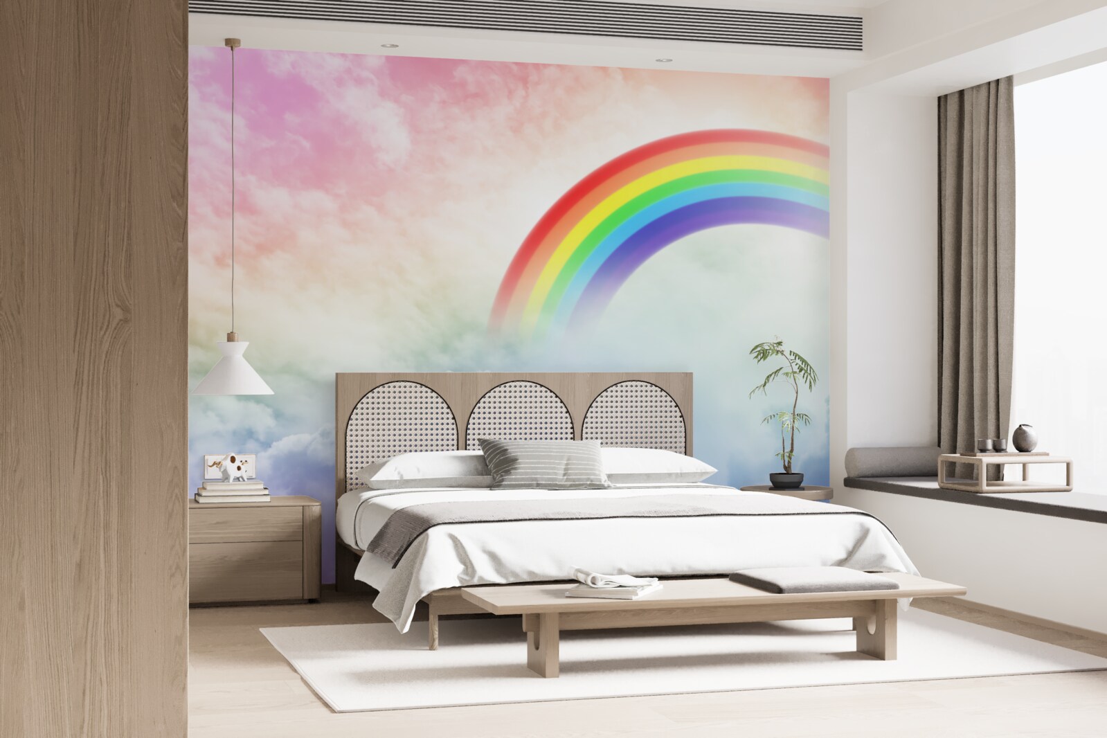 Papier peint un arc-en-ciel coloré brille au-dessus des nuages