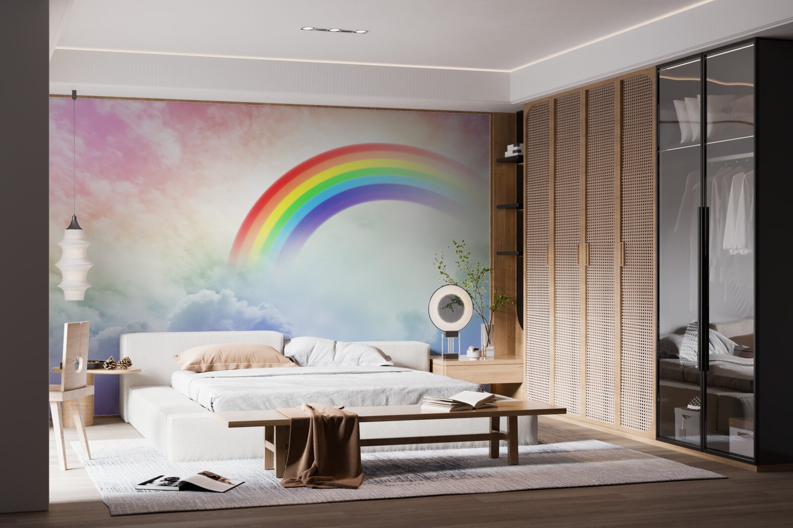 Papier peint un arc-en-ciel coloré brille au-dessus des nuages
