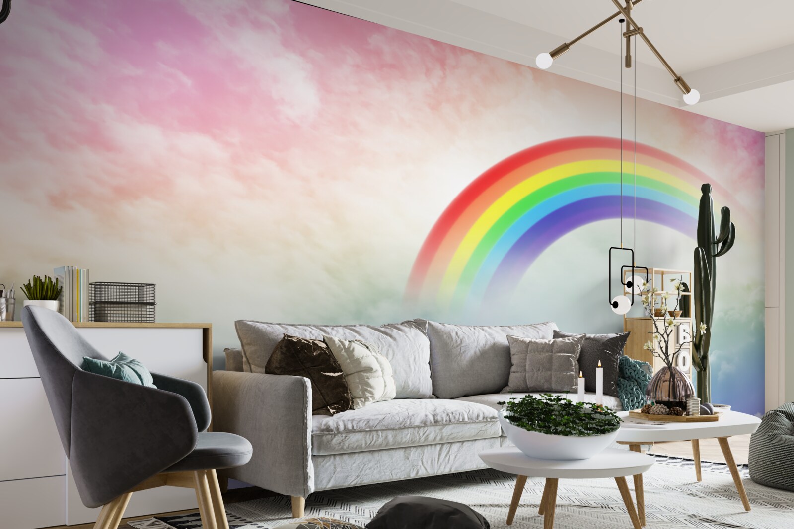 Papier peint un arc-en-ciel coloré brille au-dessus des nuages