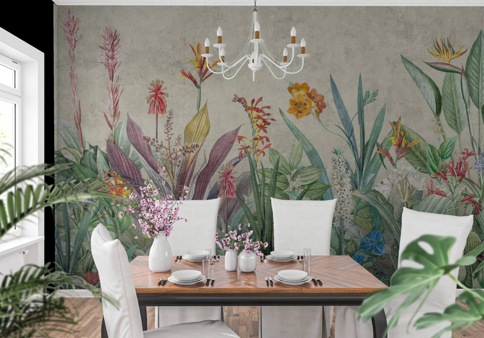 Papier peint vert tropical avec fleurs