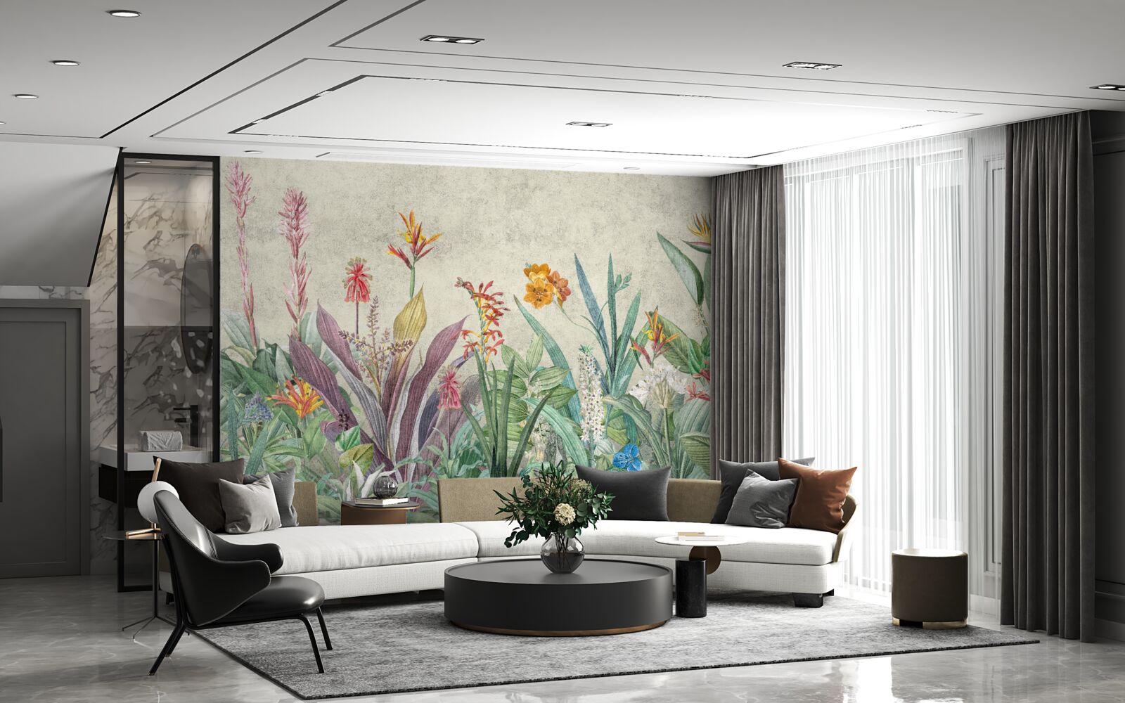 Papier peint vert tropical avec fleurs