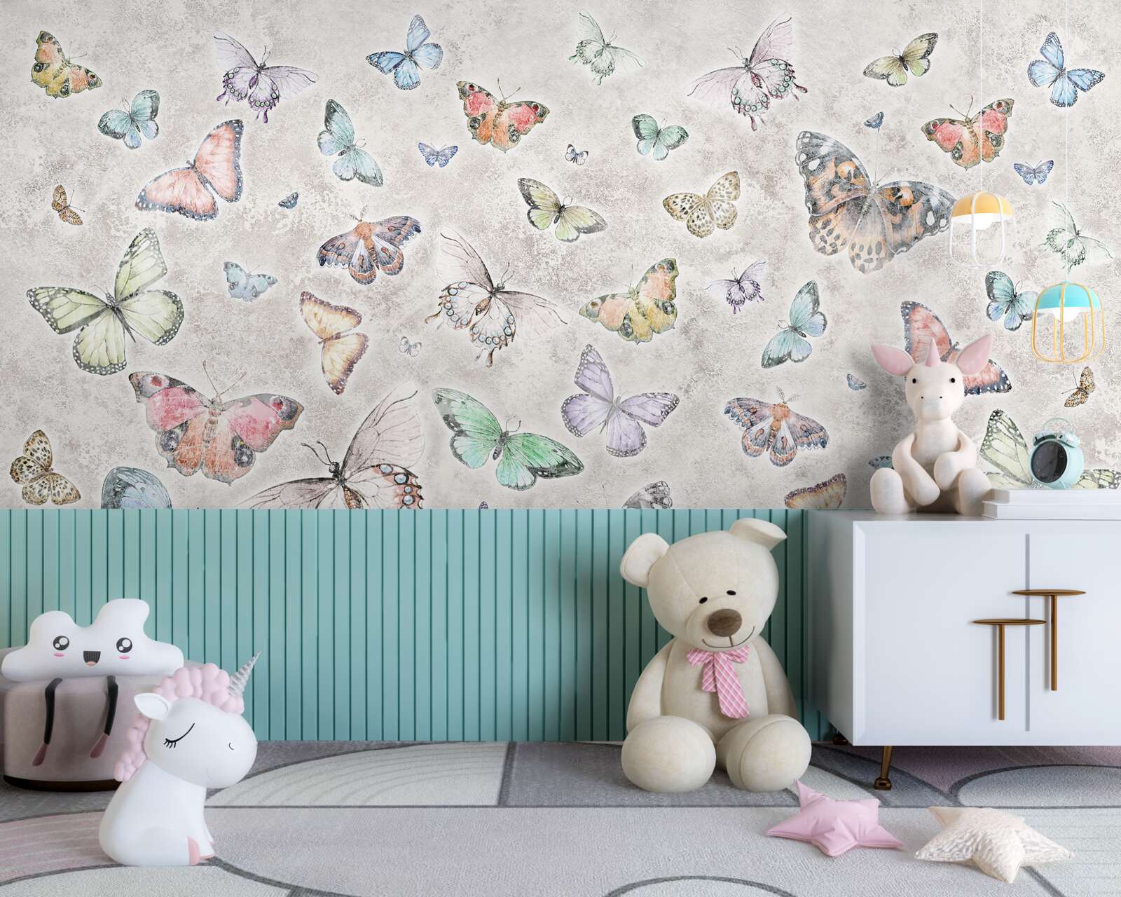 Papier peint Papillons lumineux sur fond gris