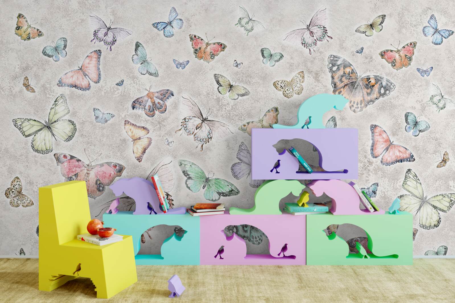 Papier peint Papillons lumineux sur fond gris