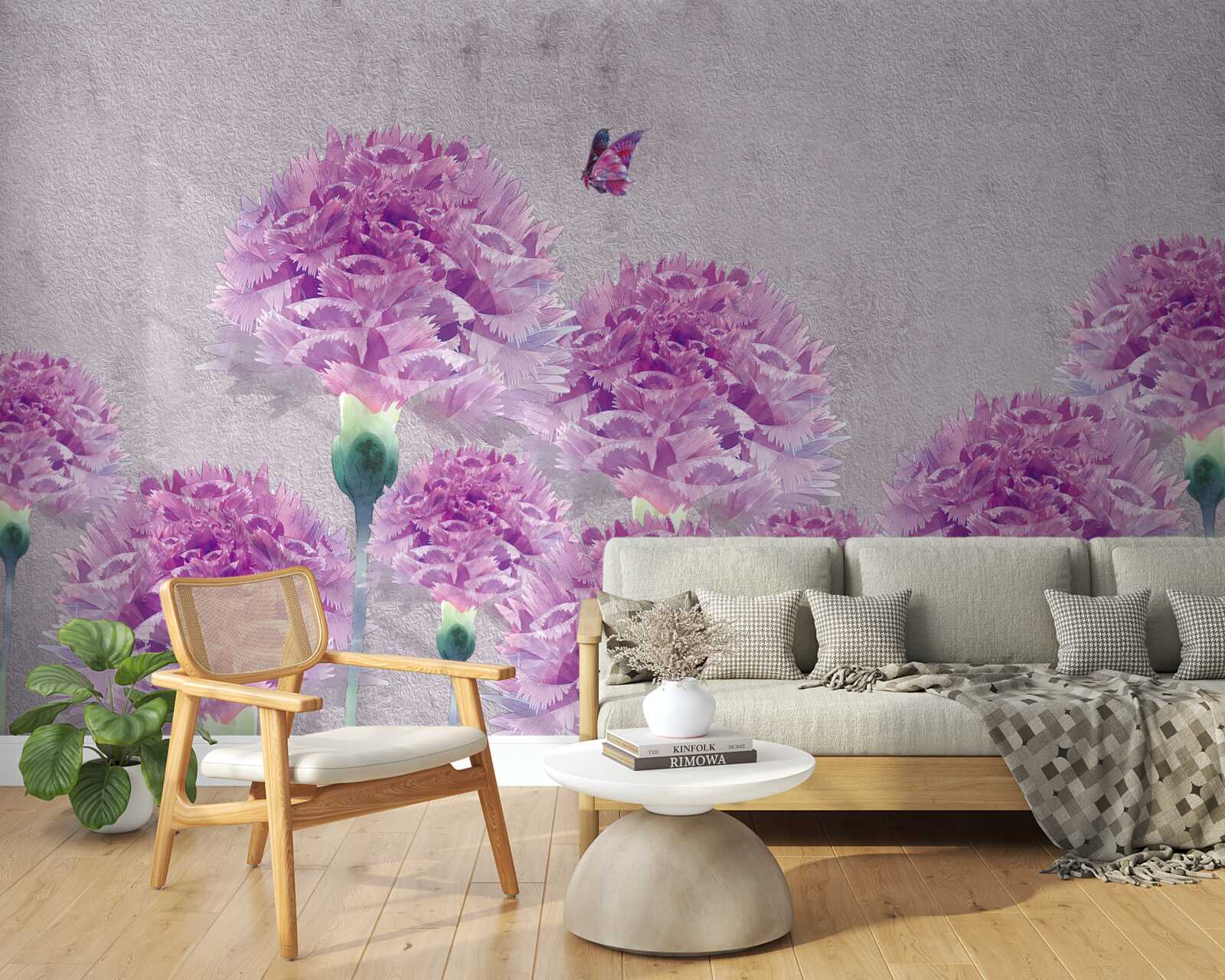 Papier peint grands œillets lilas et papillon
