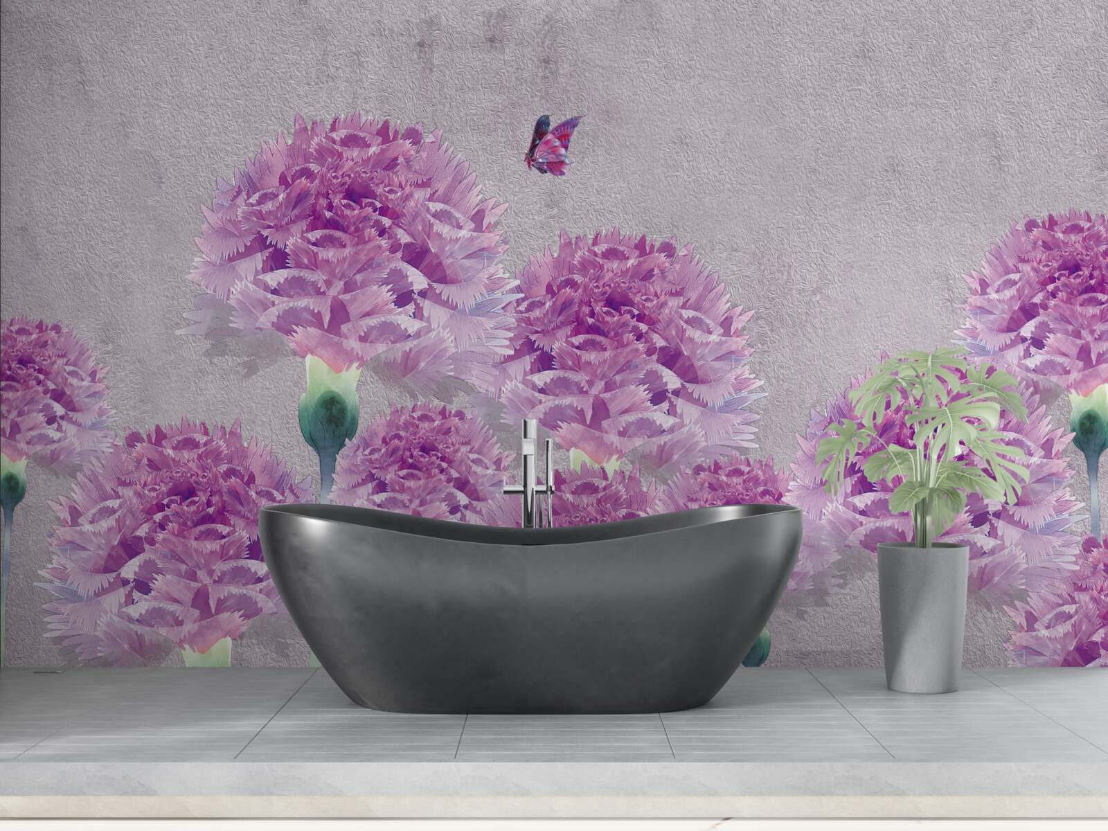 Papier peint grands œillets lilas et papillon