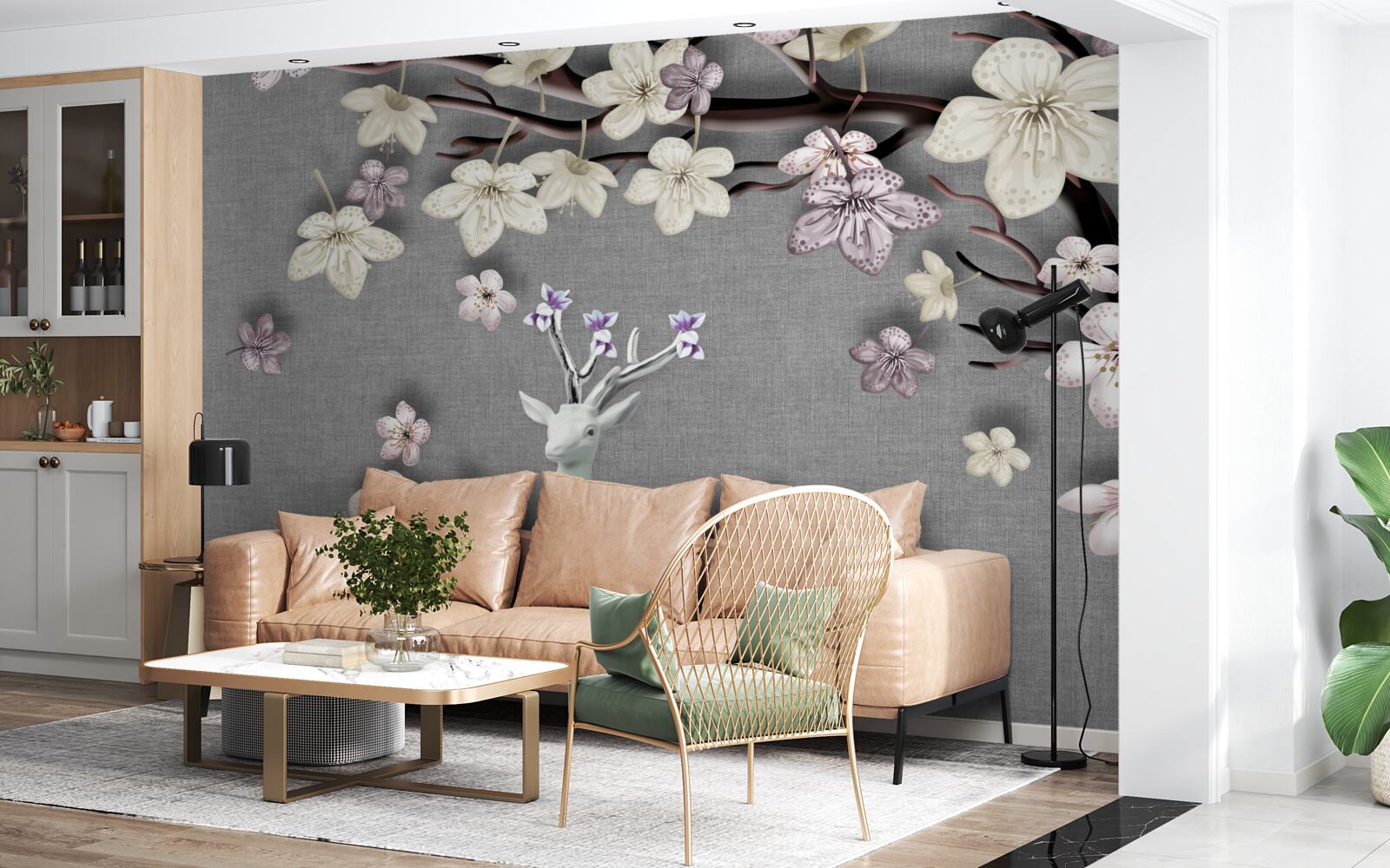 Papier peint des branches de magnolias en fleurs et un cerf blanc