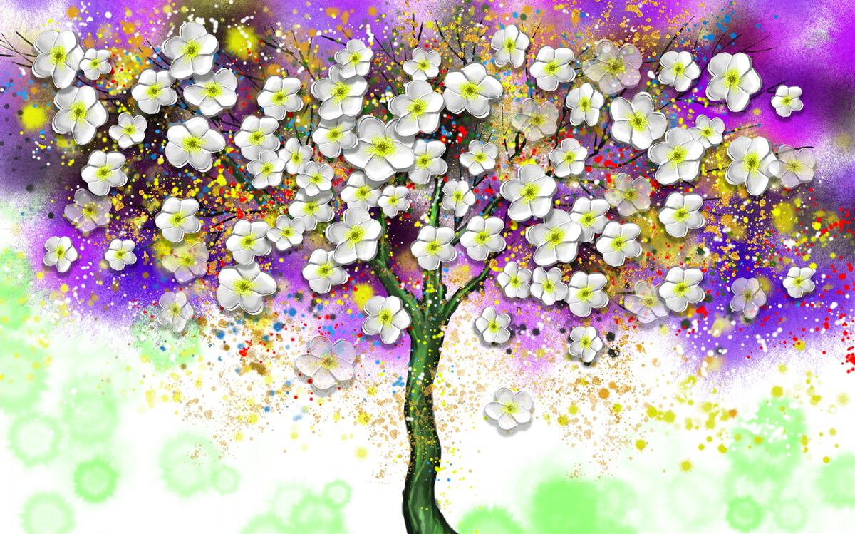 Papier peint arbre aux fleurs blanches comme la neige