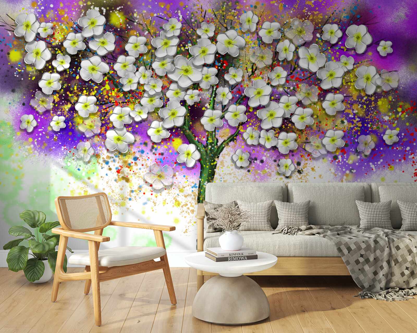 Papier peint arbre aux fleurs blanches comme la neige