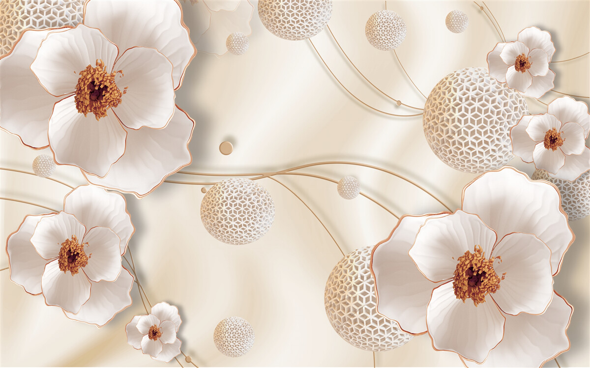 Papier peint branches décorées de fleurs blanches dorées et de cristaux étincelants