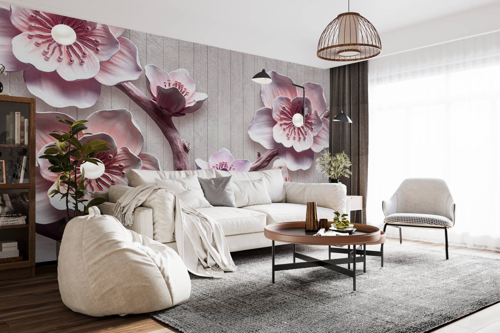 Papier peint bourgeons de cerisier rose tendre