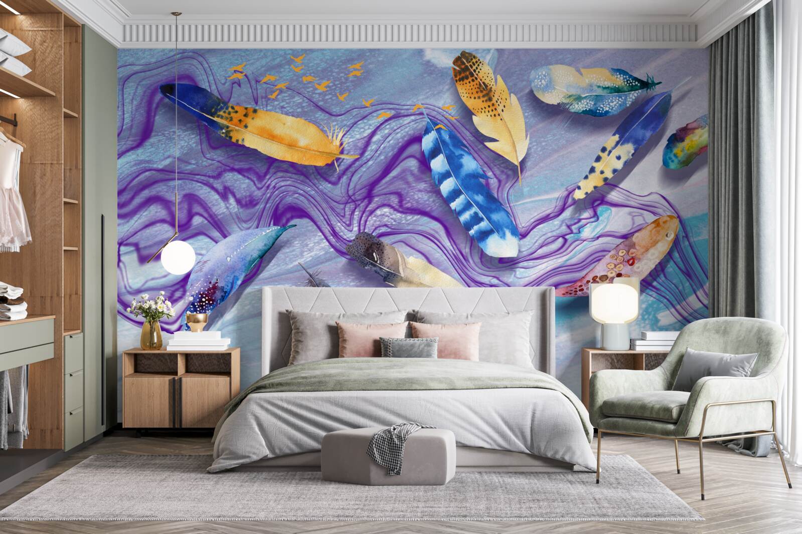 Papier peint les vagues d'encre sont décorées de plumes