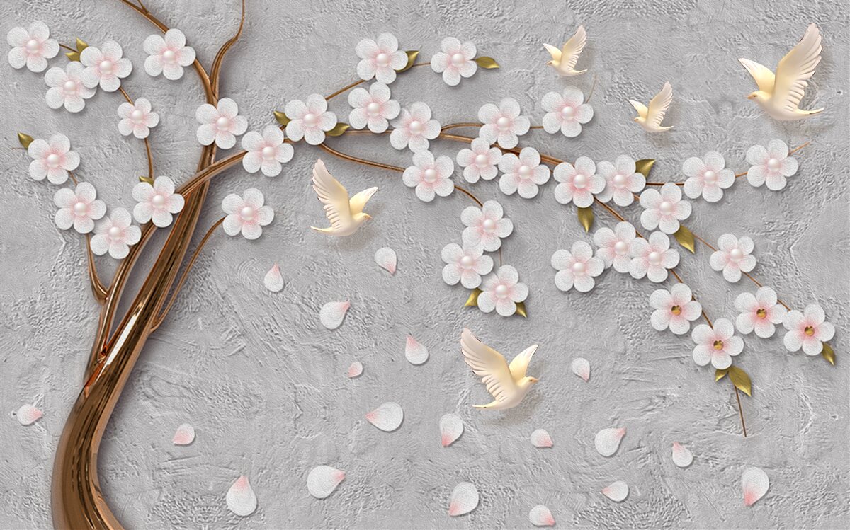 Papier peint arbre à fleurs et pigeons blancs comme neige