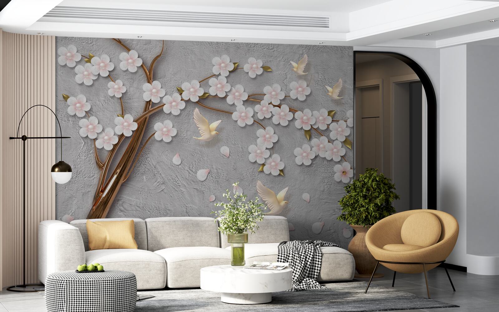 Papier peint arbre à fleurs et pigeons blancs comme neige