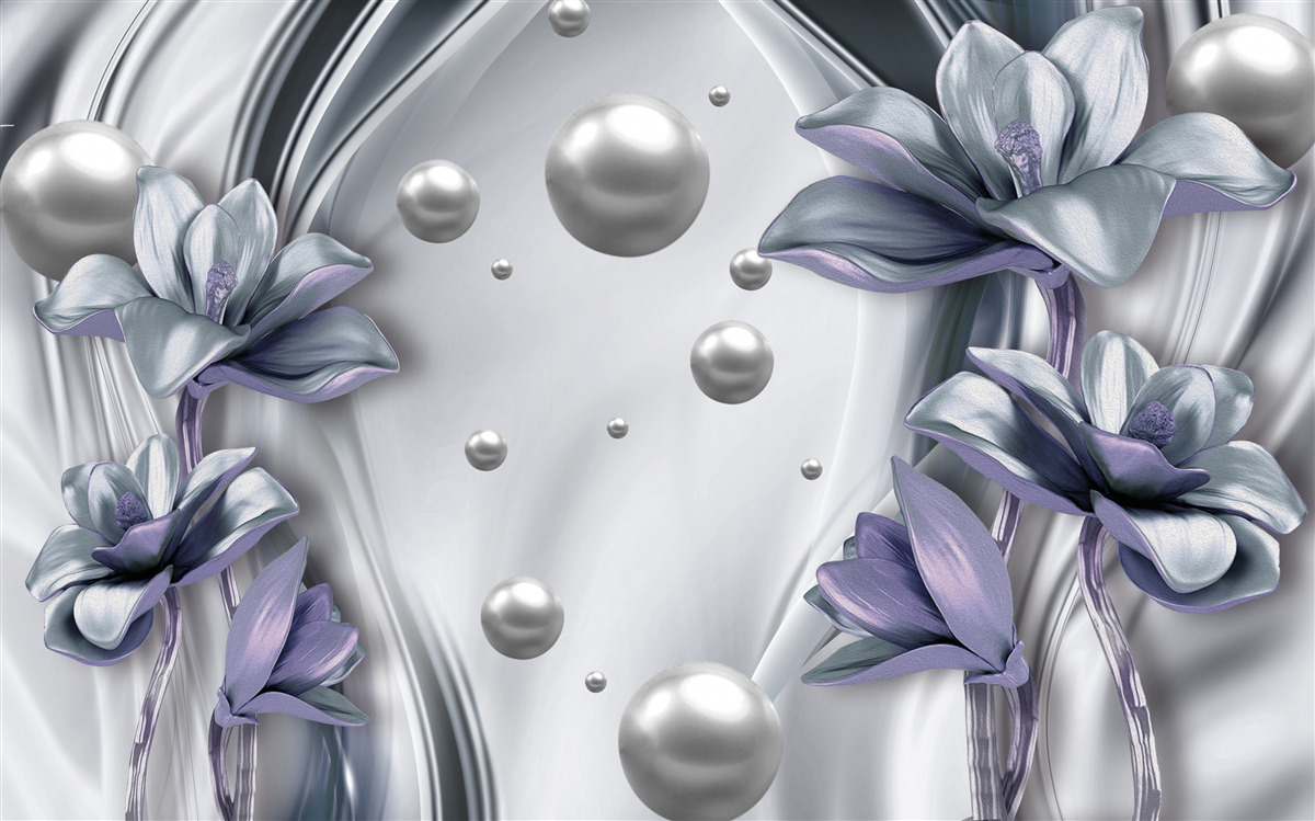 Papier peint sur la soie, il y a des plantes bleues et des pierres de perles