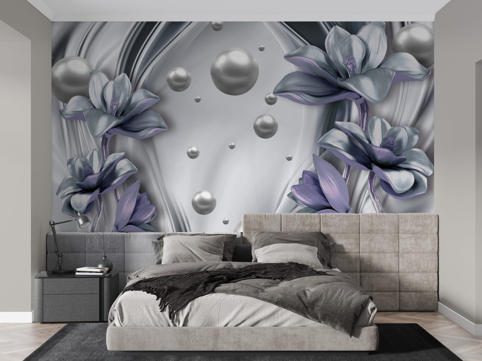 Papier peint sur la soie, il y a des plantes bleues et des pierres de perles