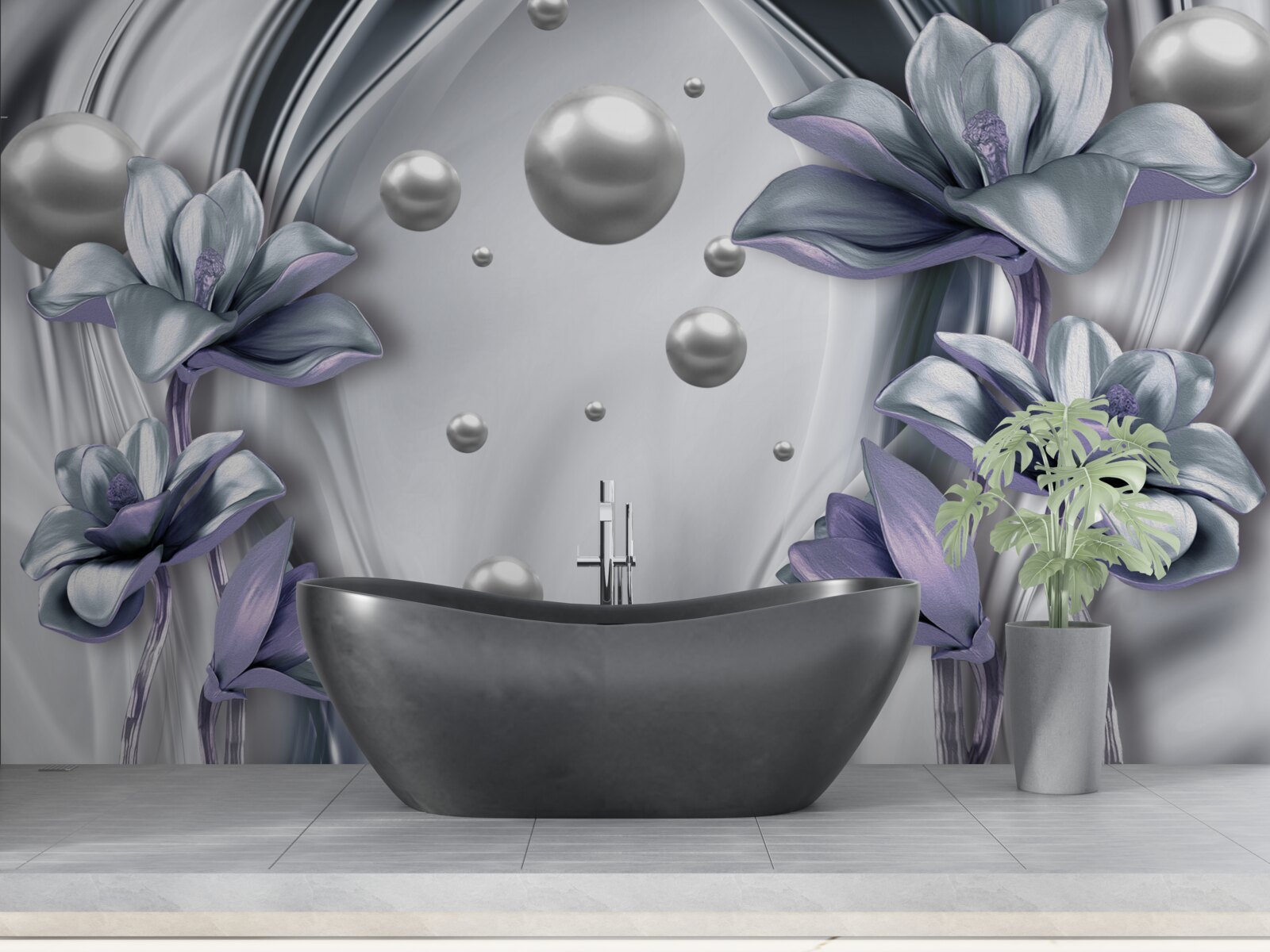 Papier peint sur la soie, il y a des plantes bleues et des pierres de perles