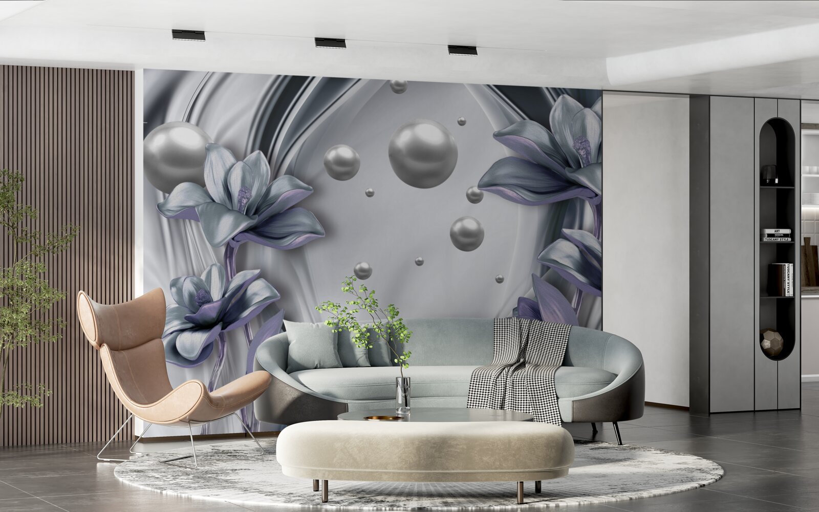 Papier peint sur la soie, il y a des plantes bleues et des pierres de perles