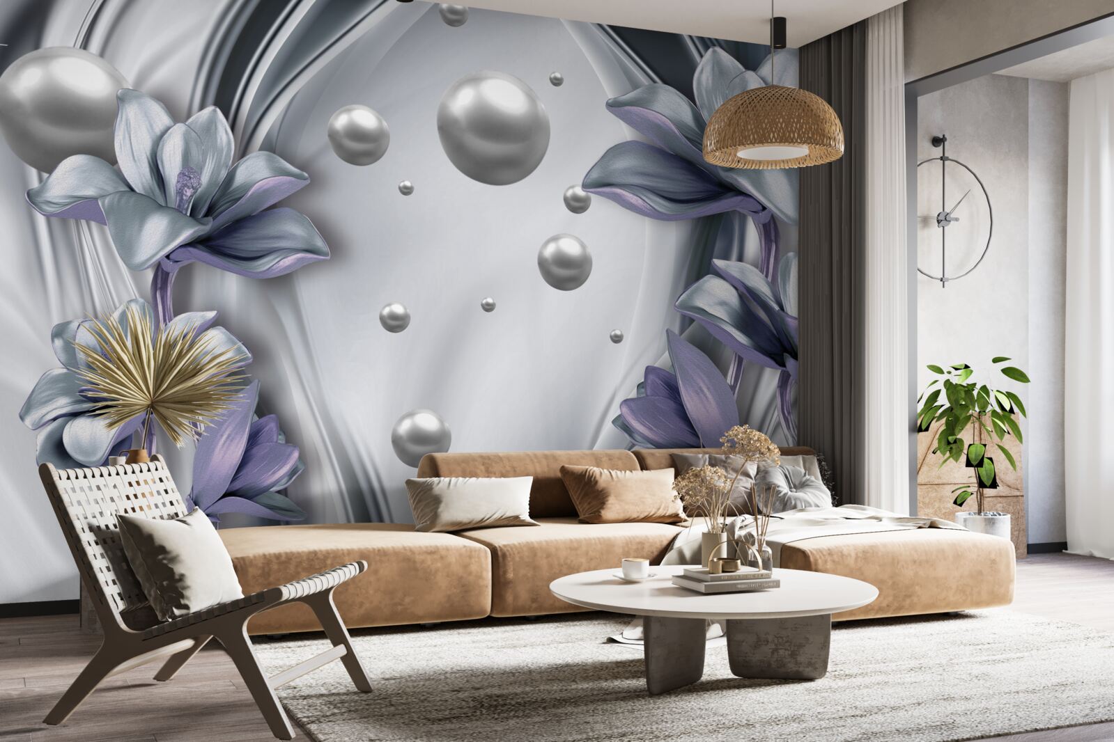 Papier peint sur la soie, il y a des plantes bleues et des pierres de perles