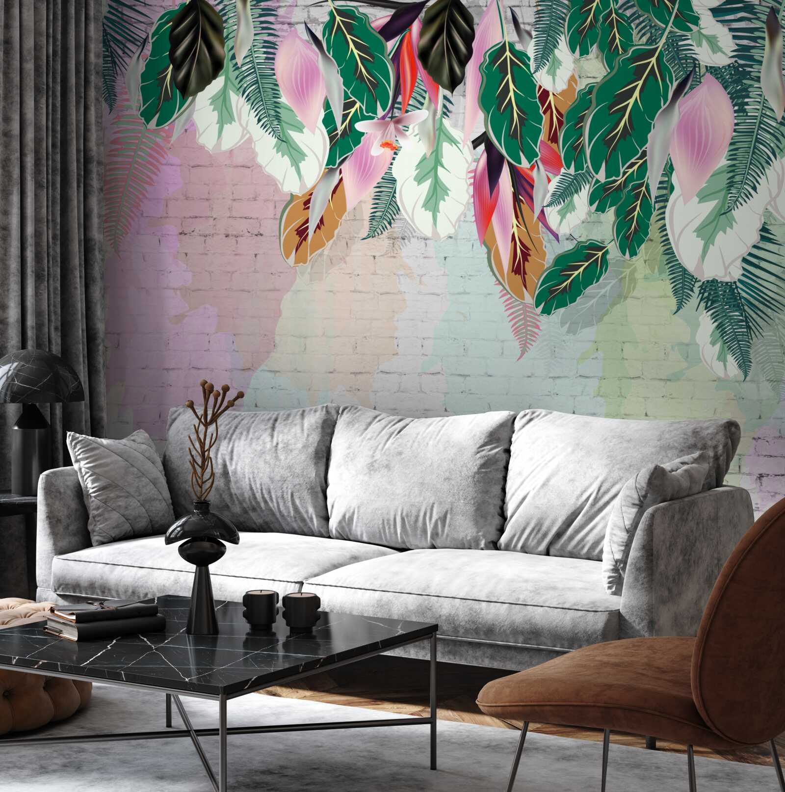 Papier peint feuilles tropicales sur fond rose