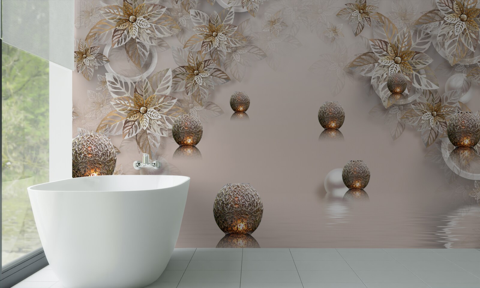Papier peint plantes et boules dorées avec éclairage