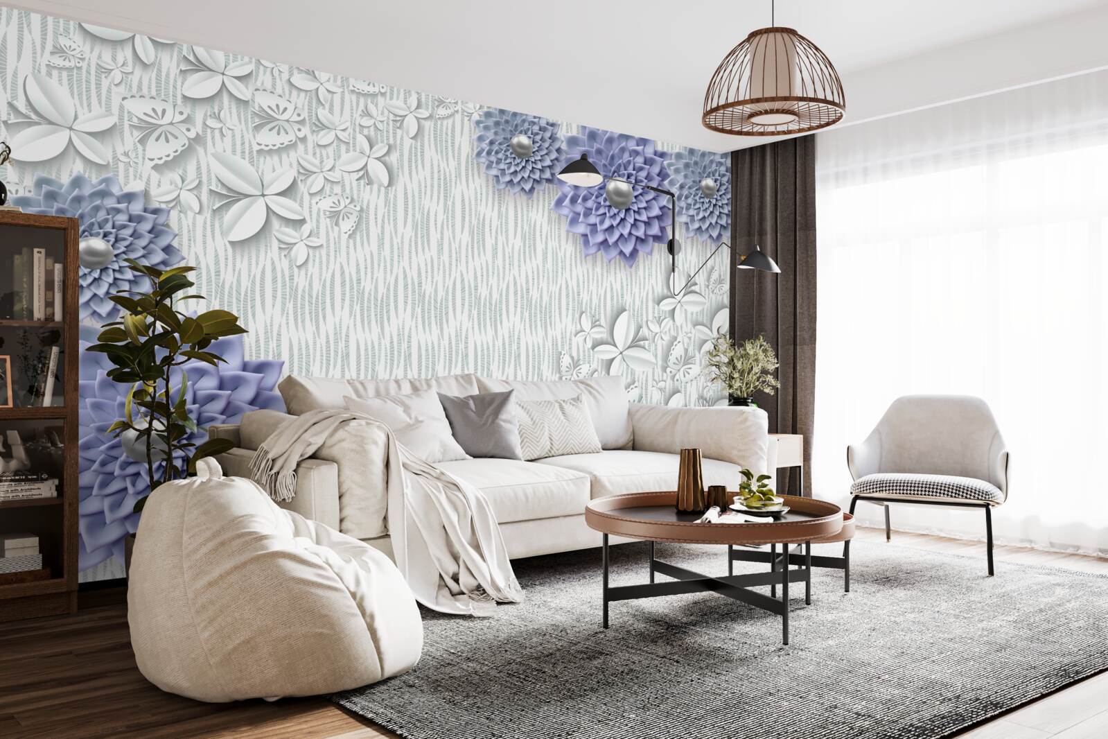 Papier peint tissu bleu avec fleurs et papillons