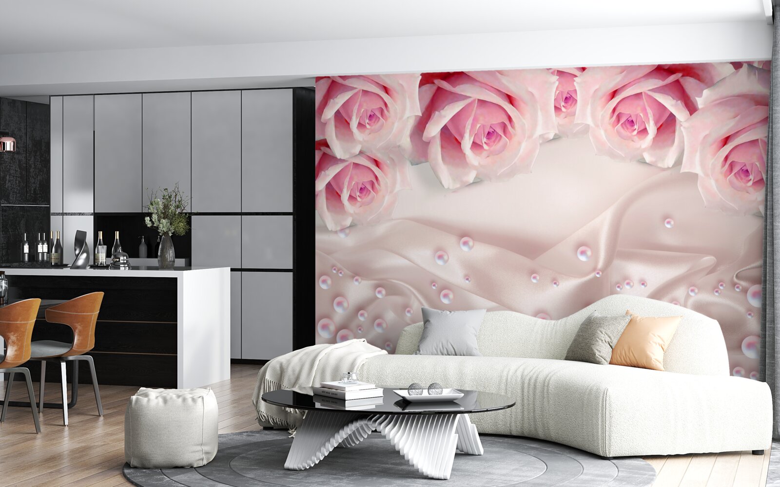 Papier peint ensemble complexe de perles et de roses roses en soie