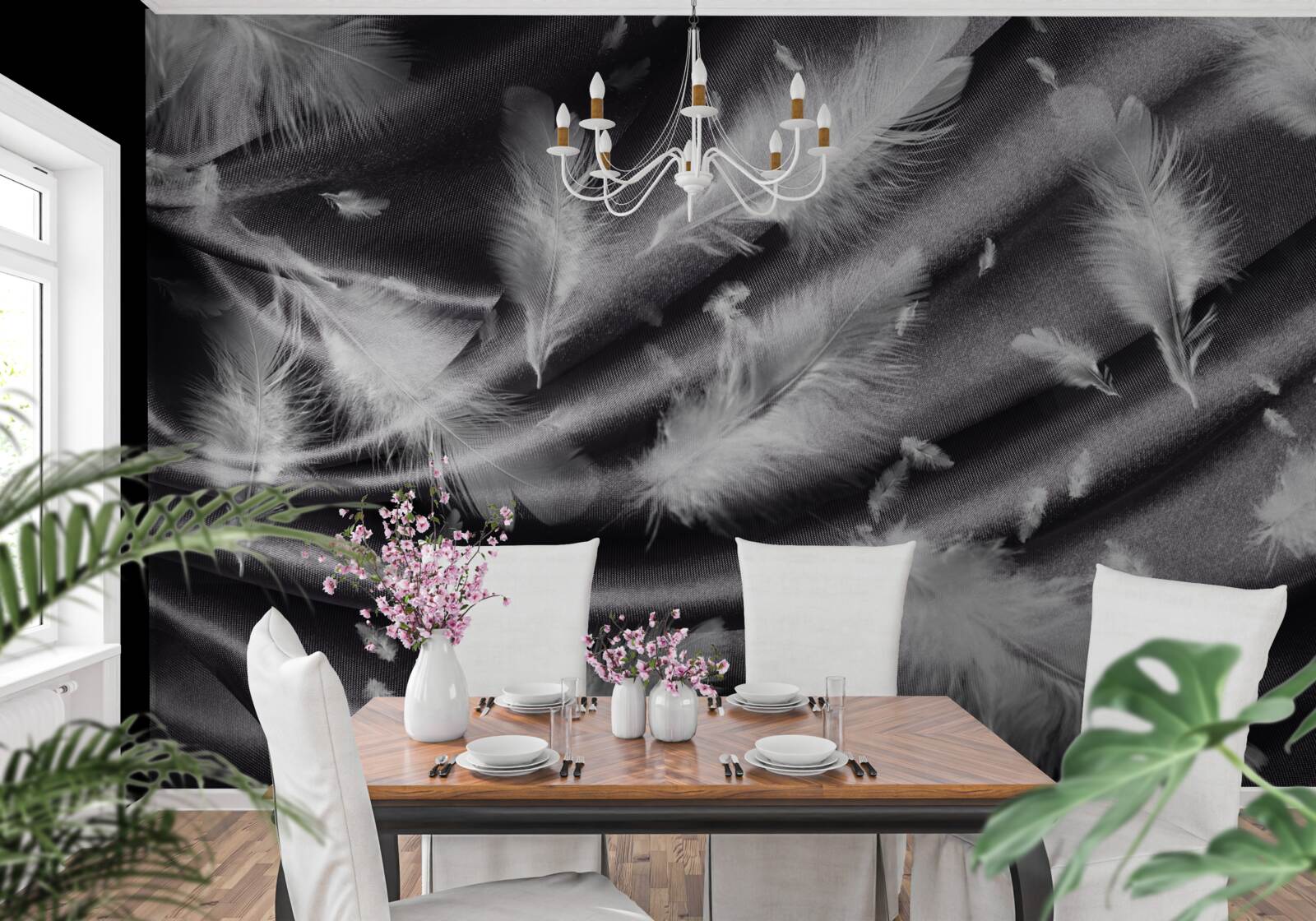 Papier peint des plumes de blanc neige sont placées sur le tissu gris