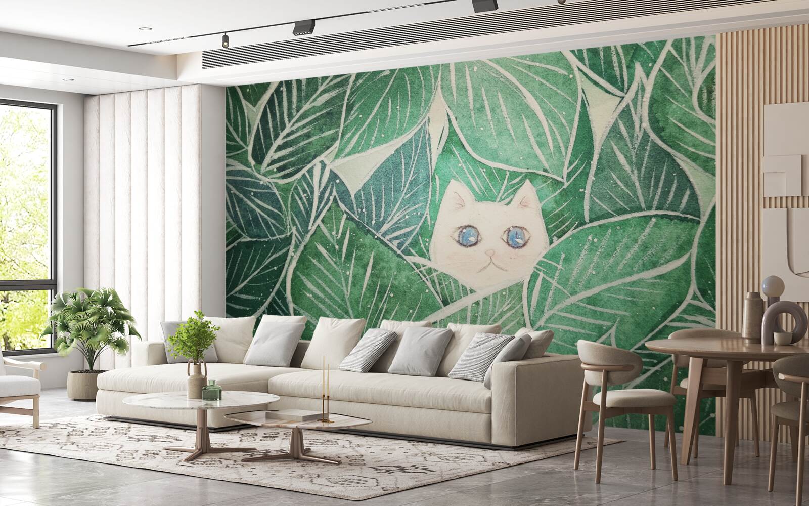 Papier peint un petit chat perdu dans les feuilles vertes