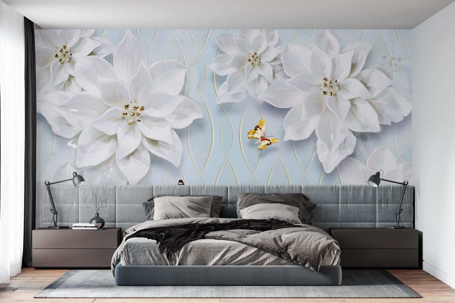 Papier peint Bourgeons et papillons blancs comme neige