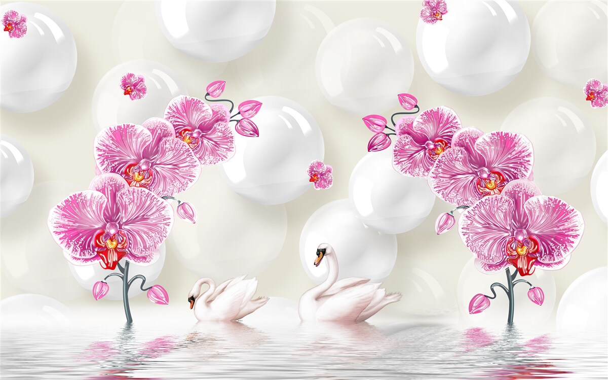 Papier peint magnolia lilas et cygnes nageant sur le lac