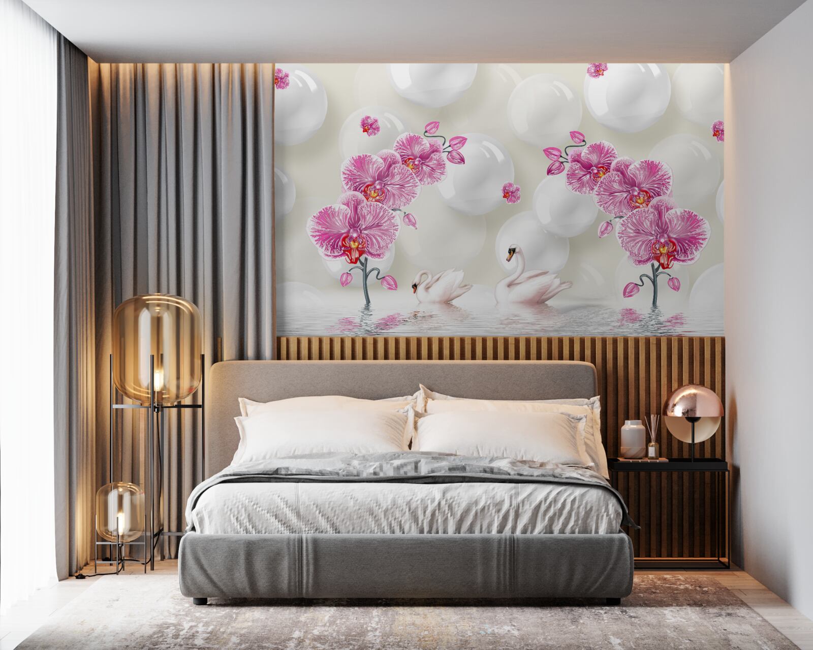 Papier peint magnolia lilas et cygnes nageant sur le lac