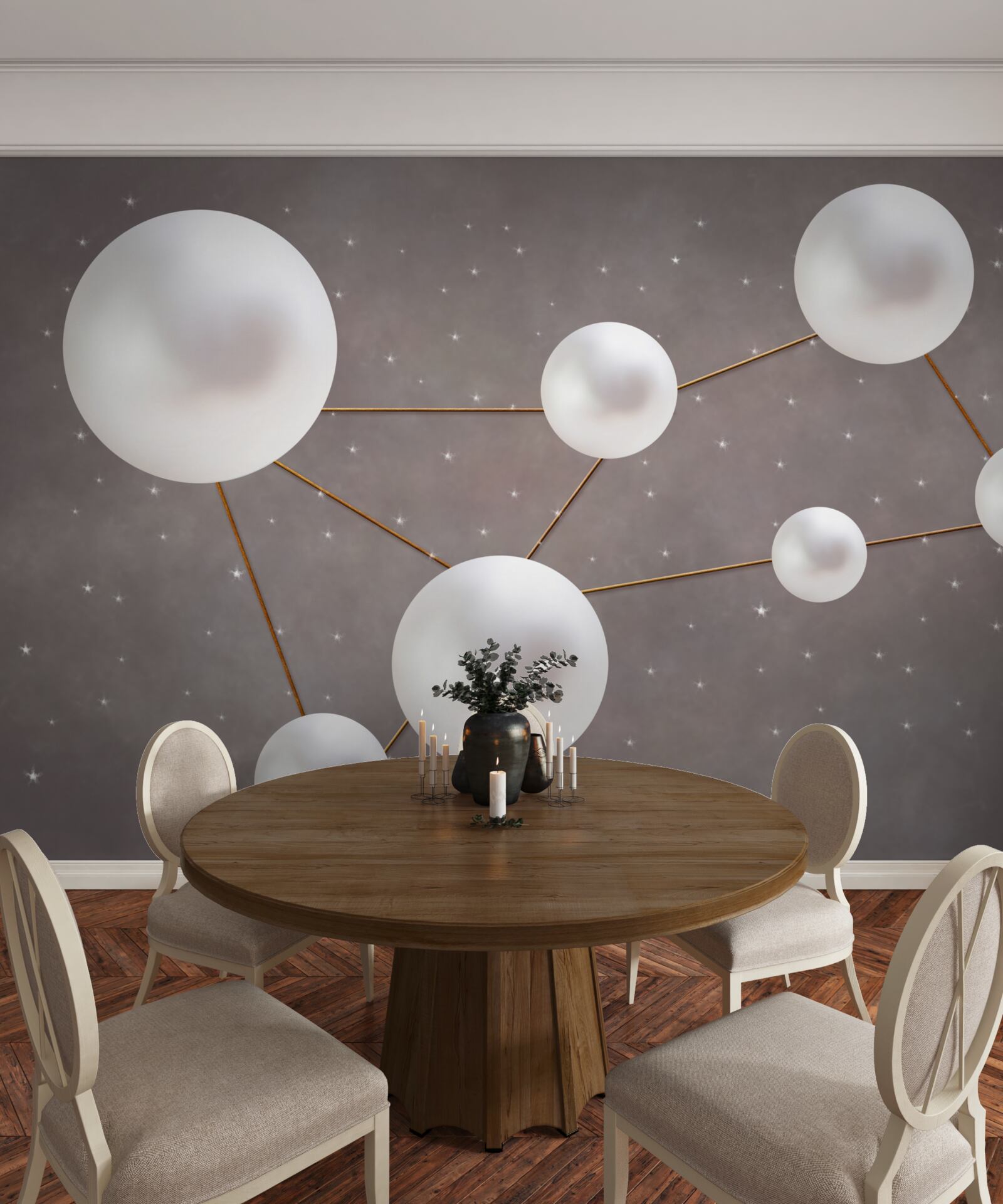 Papier peint des boules blanches décorées de lignes dorées sont dispersées sur un fond gris