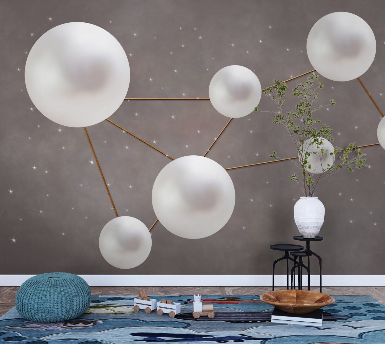 Papier peint des boules blanches décorées de lignes dorées sont dispersées sur un fond gris