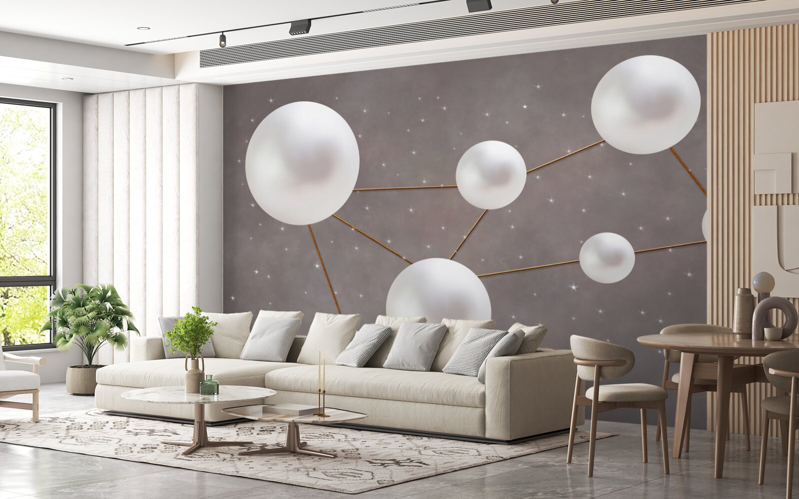 Papier peint des boules blanches décorées de lignes dorées sont dispersées sur un fond gris
