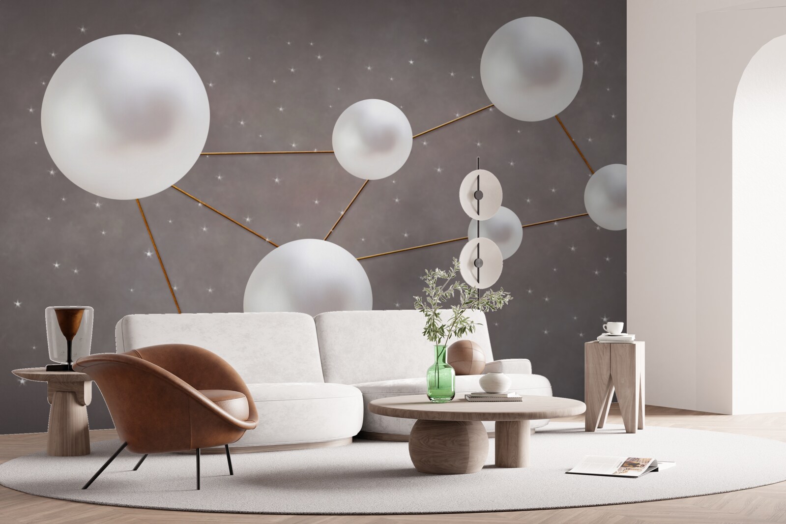 Papier peint des boules blanches décorées de lignes dorées sont dispersées sur un fond gris