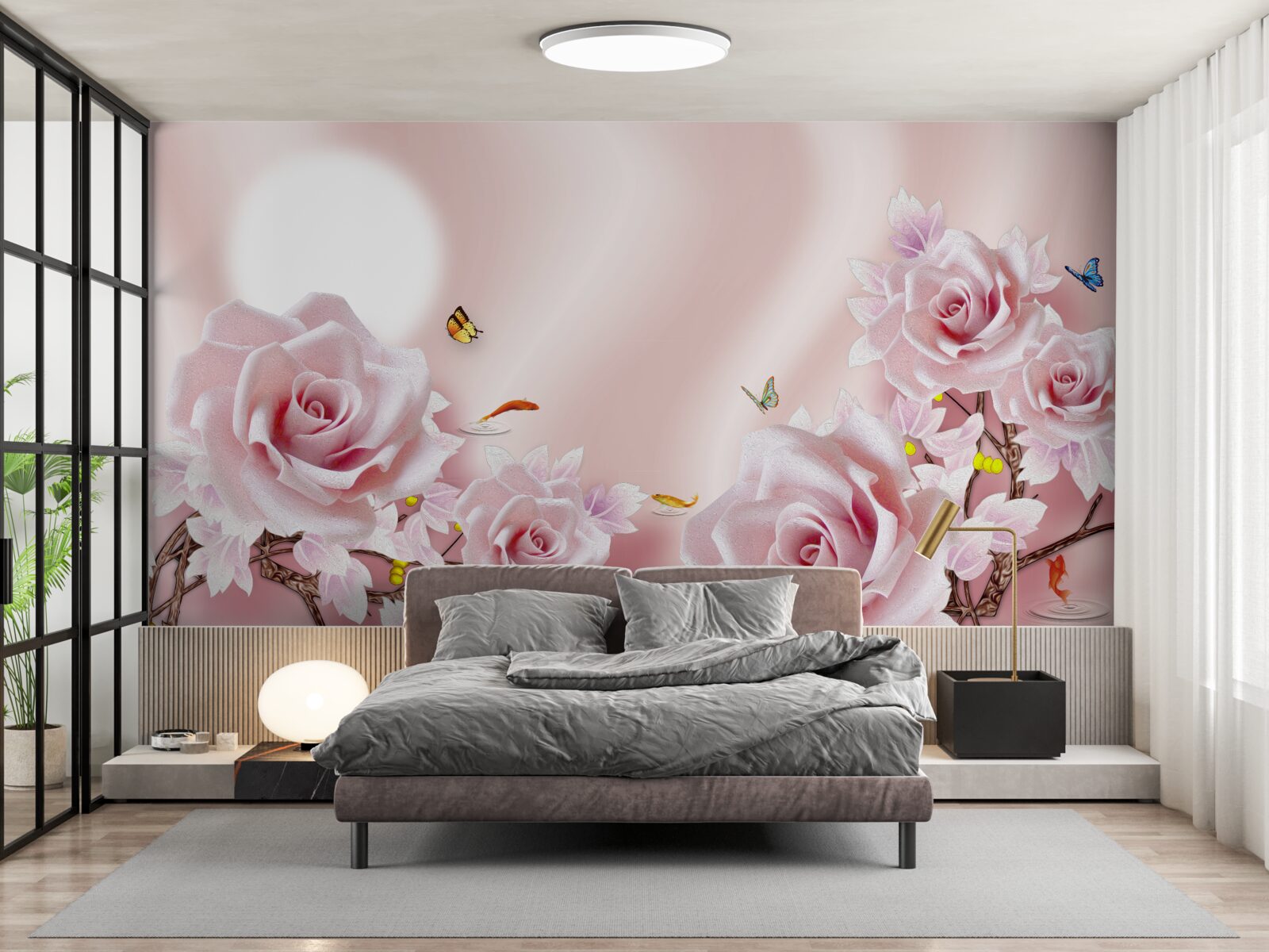Papier peint ensemble de bourgeons roses sur un fond rose soyeux