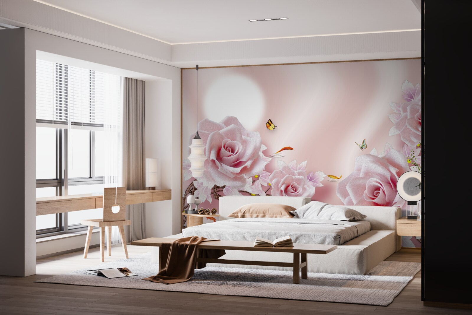 Papier peint ensemble de bourgeons roses sur un fond rose soyeux