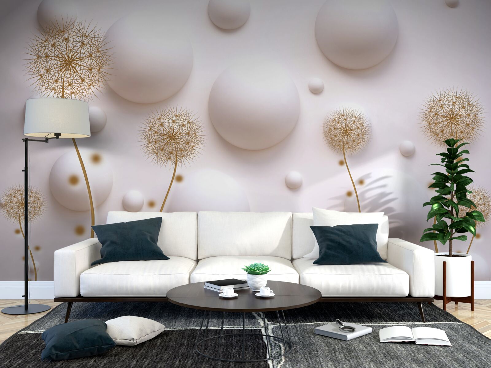 Papier peint Perles circulaires blanc neige et millefeuilles d'or