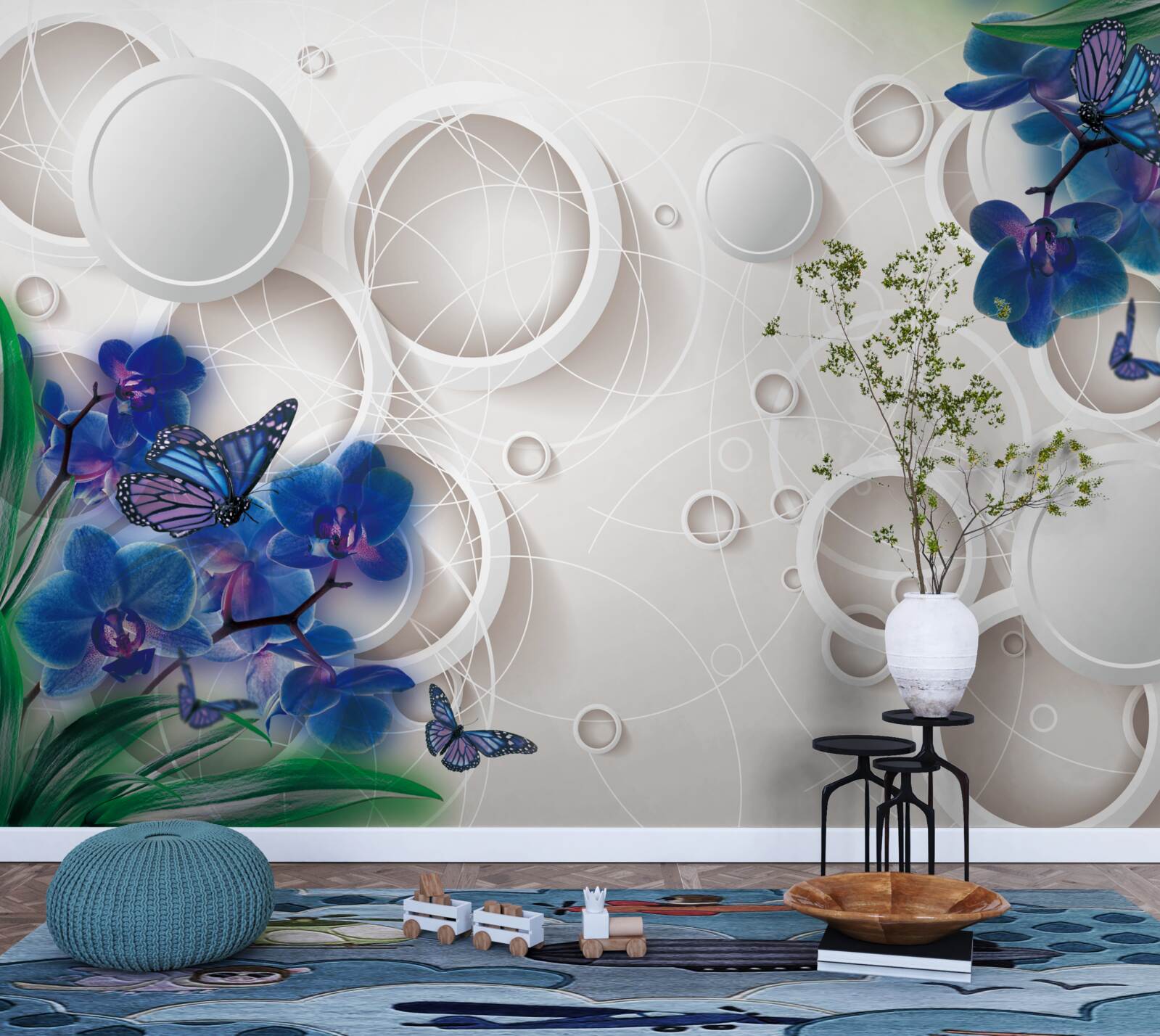Papier peint le fond géométrique est décoré de branches d'orchidées bleues