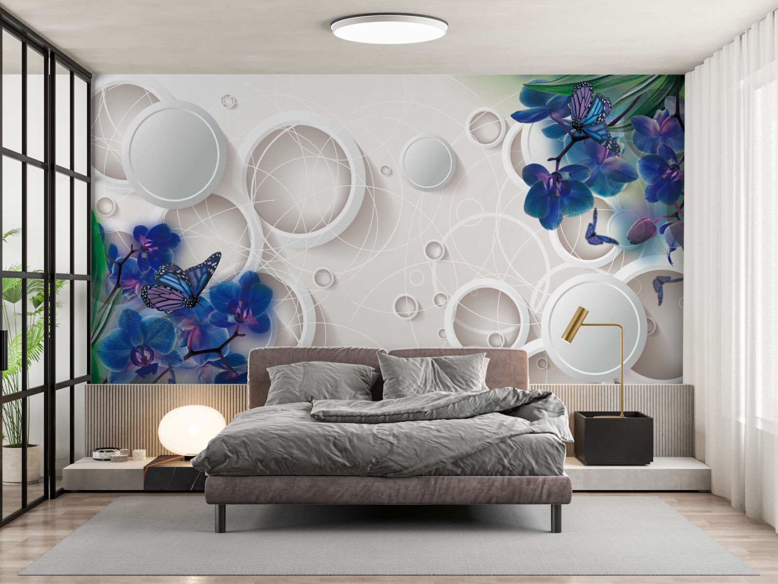 Papier peint le fond géométrique est décoré de branches d'orchidées bleues