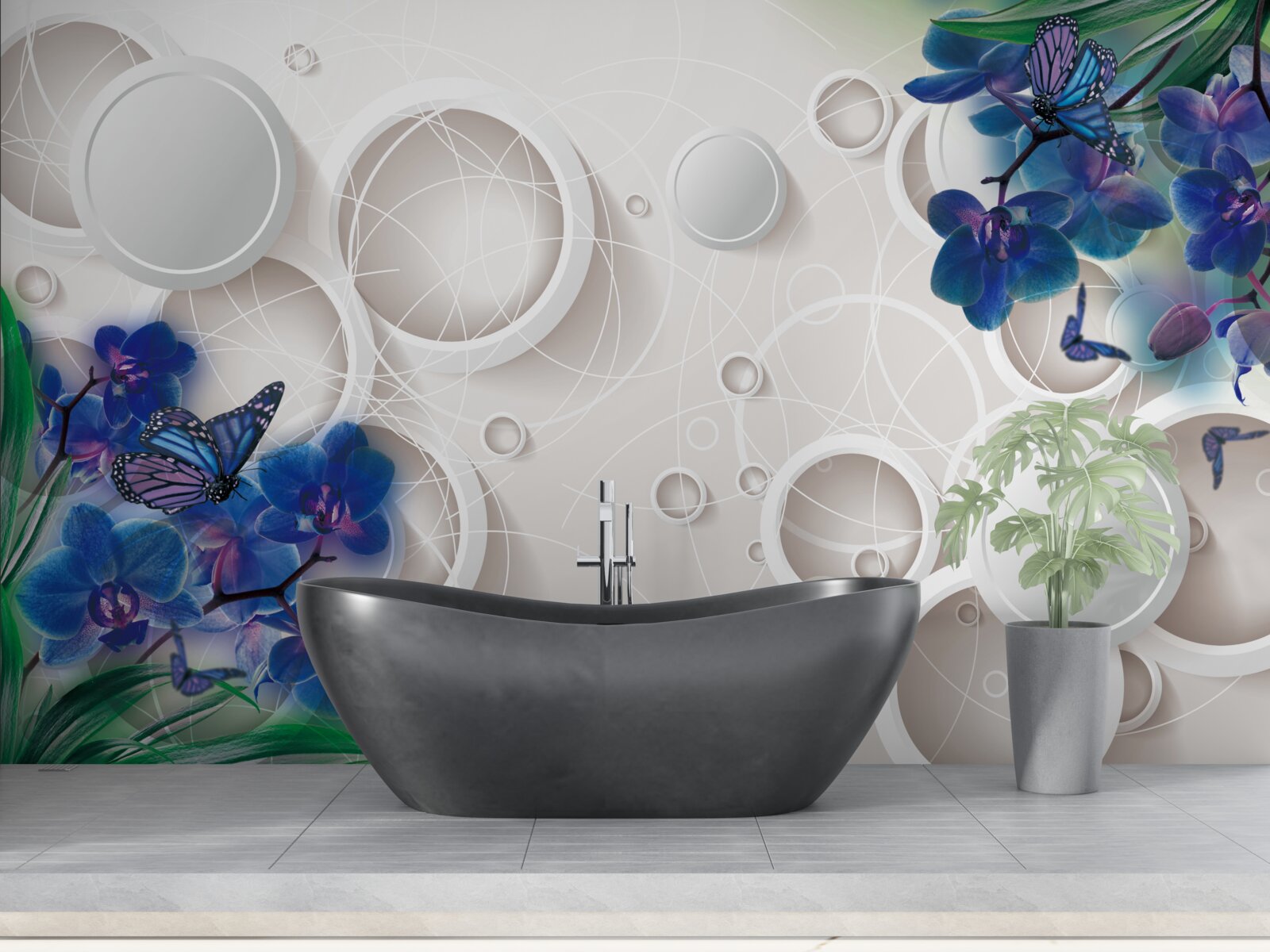 Papier peint le fond géométrique est décoré de branches d'orchidées bleues