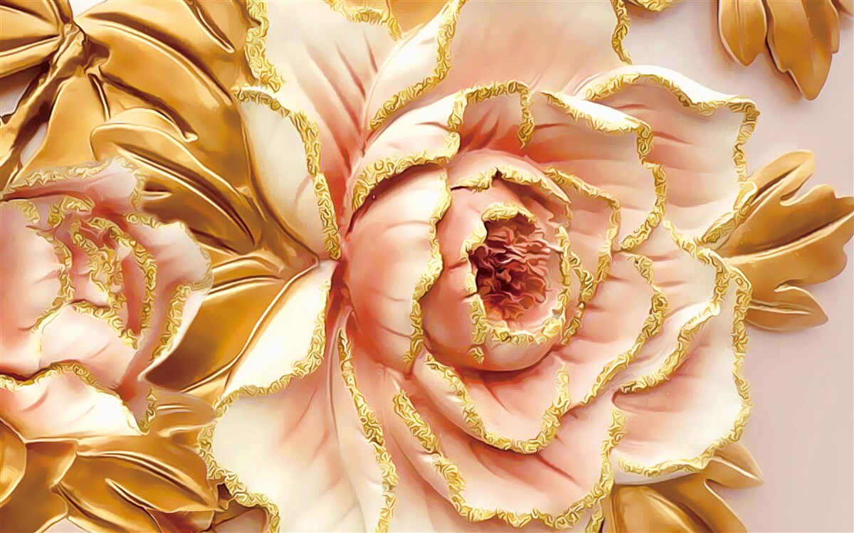 Papier peint pivoine fleurie aux feuilles dorées