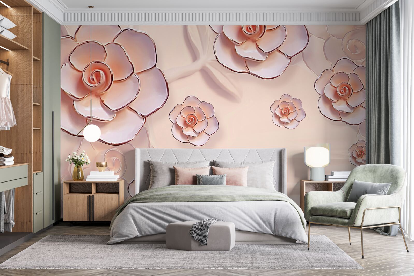 Papier peint roses en porcelaine rose