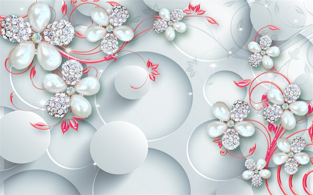 Papier peint Fleurs dans les tons blancs avec des éléments de perles et de strass