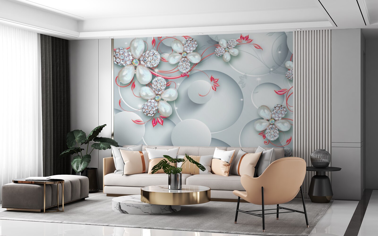 Papier peint Fleurs dans les tons blancs avec des éléments de perles et de strass