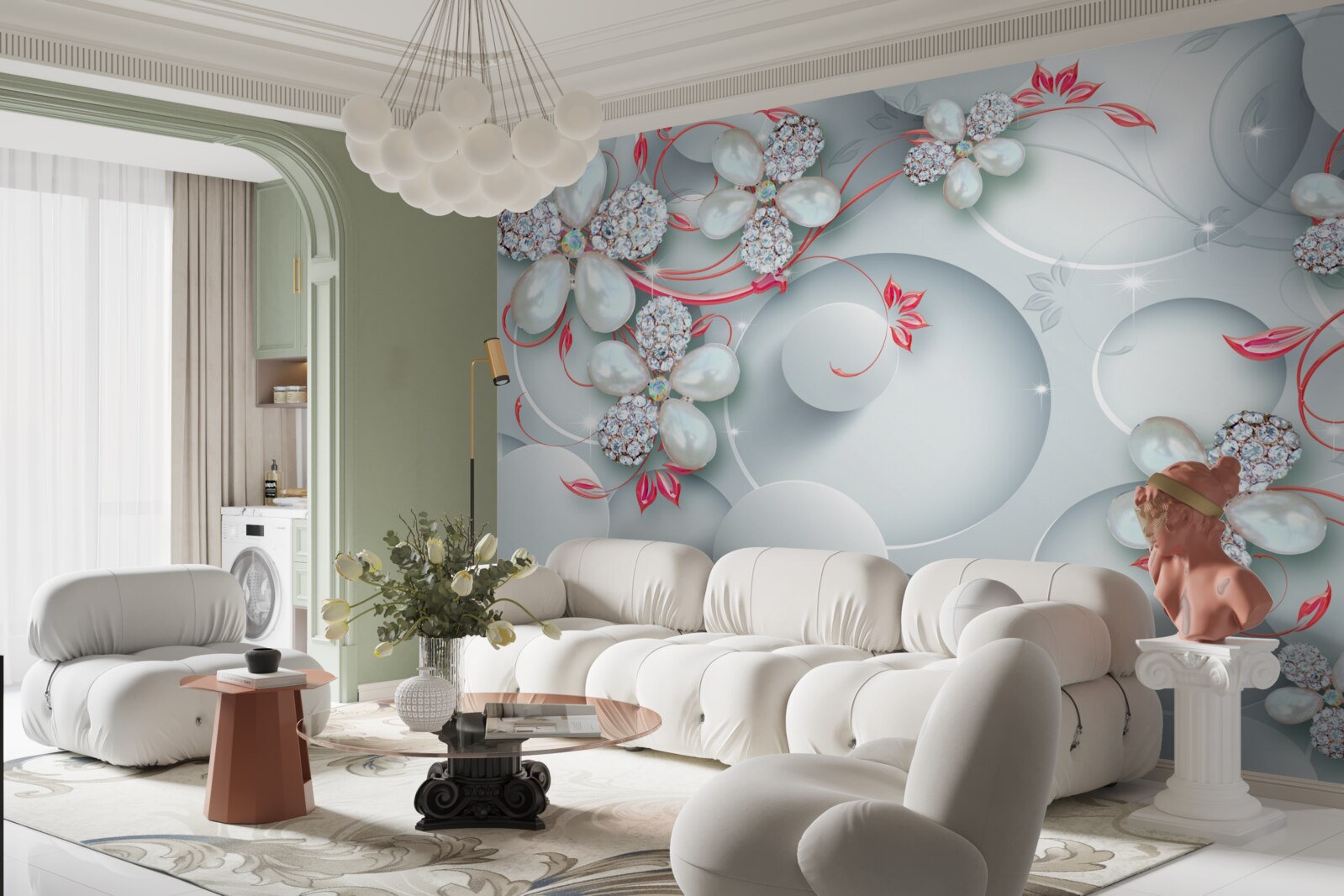 Papier peint Fleurs dans les tons blancs avec des éléments de perles et de strass