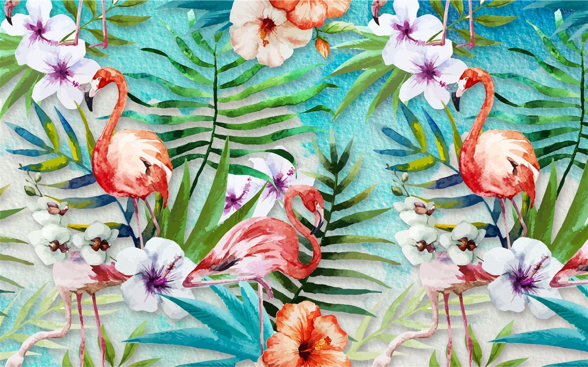Papier peint les feuilles sont entourées de flamants roses