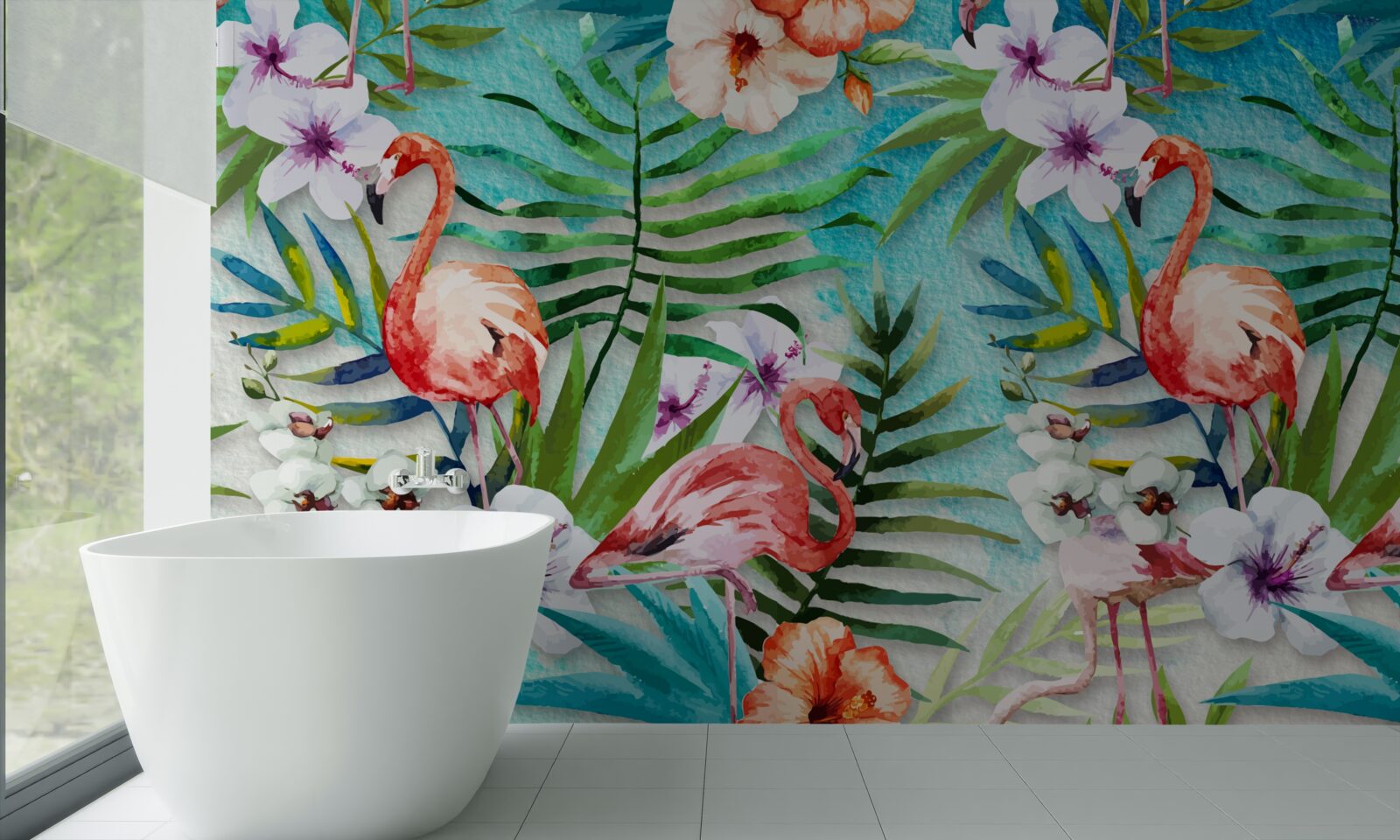 Papier peint les feuilles sont entourées de flamants roses