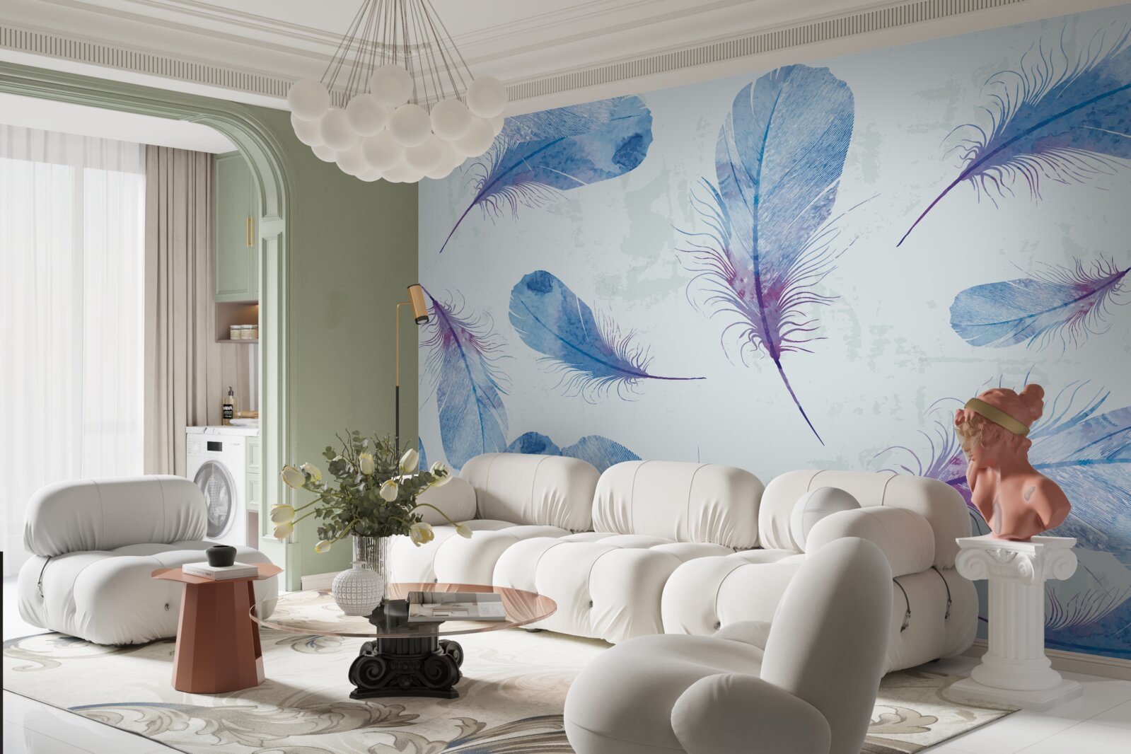 Papier peint plumes bleues sur fond blanc