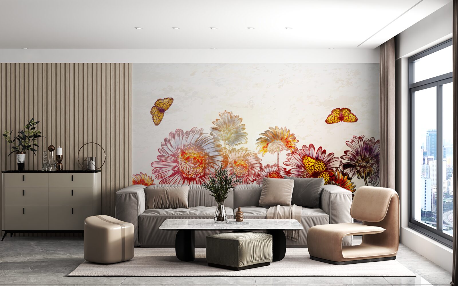 Papier peint les fleurs brillantes attirent les papillons